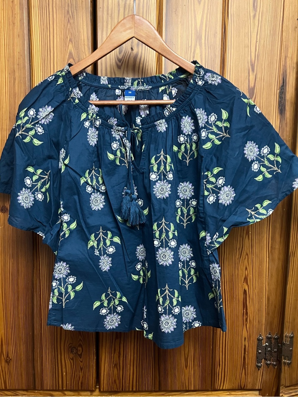Old Navy Navy Floral Peasant Blouse with Green & White Accents